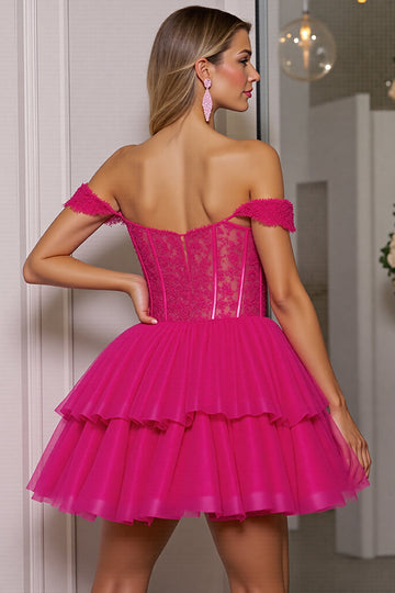 Fuchsia Corset A Line Tiered Short Cocktail Dress with Lace